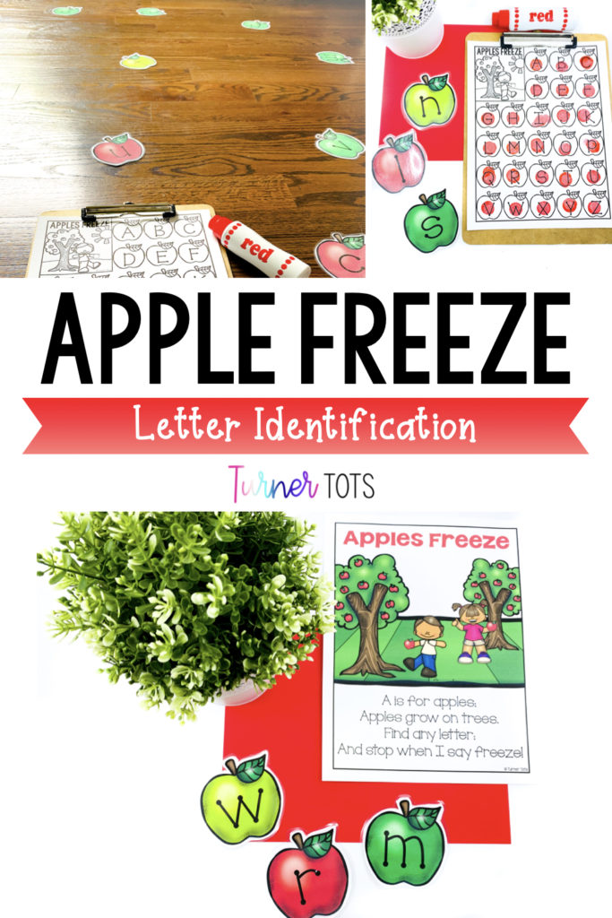 Apple freeze gross motor letter identification game for preschool to teach letters of the alphabet during an apple theme.