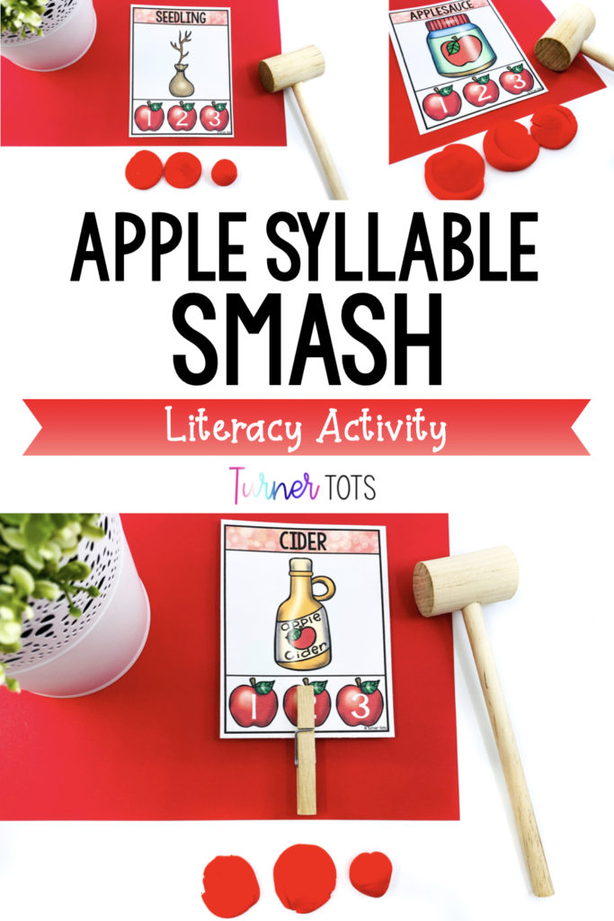 Apple Syllable Smash includes cards with apple-themed words with numbers 1-3 on the bottom. Preschoolers roll three play dough balls and smash them as they count the syllables in each word with this apple literacy activity.