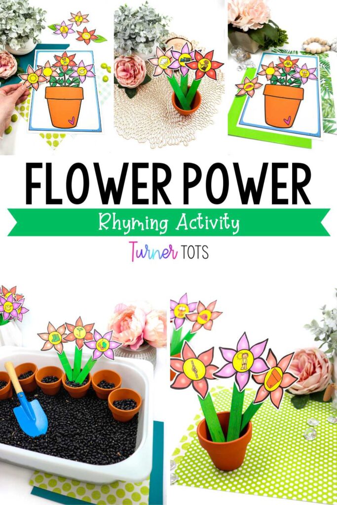 Flower Power Rhymes include flowers with rhyming words on popsicle sticks to plant in flower pots. This garden literacy activity also includes a low-prep option where preschoolers match the flowers on top of a flower pot printout.