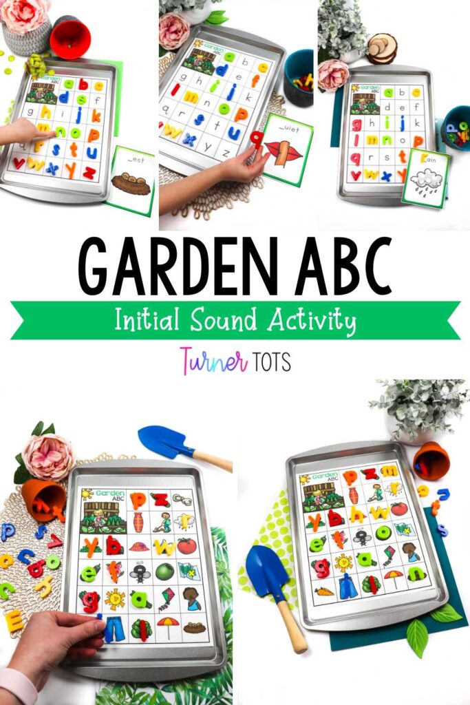 Garden words A-Z for students to place magnetic letters on top, matching the beginning sounds. Cards with garden initial sound words to match letters to.