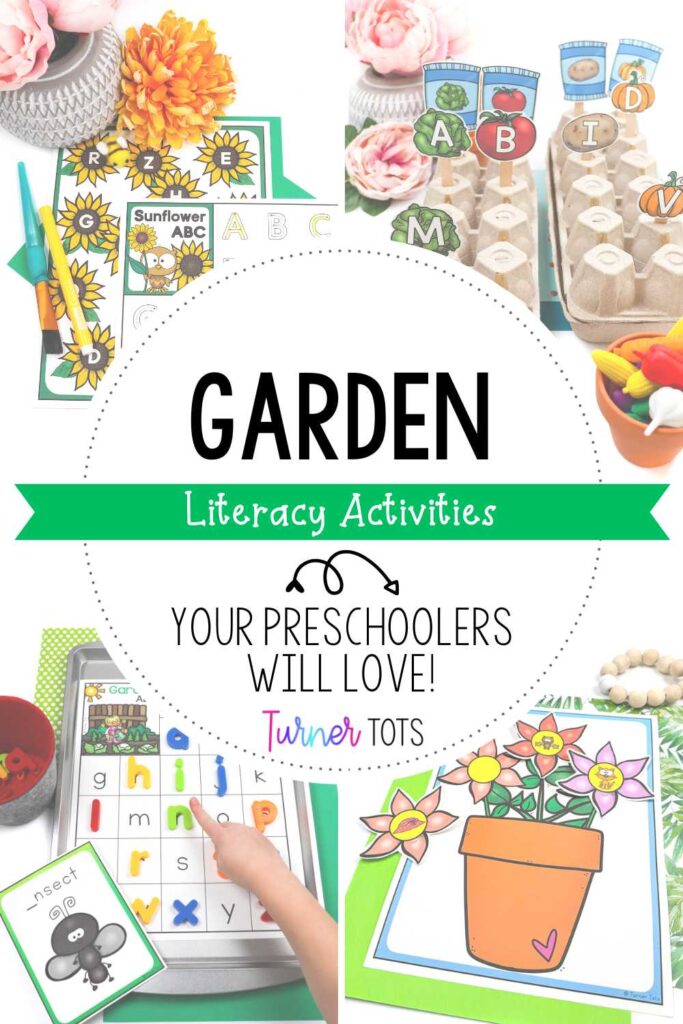 Garden literacy activities include a sunflower letter hunt activity, planting an alphabet garden, determining the initial sounds of garden-themed words, and sorting the rhyming flowers.