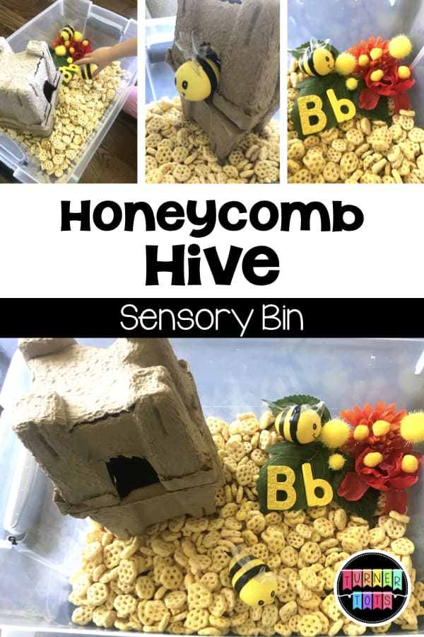 Honeycomb Hive sensory bin filled with Honeycomb cereal, a cardboard hive, flowers, and Easter egg bees for a bees preschool theme!