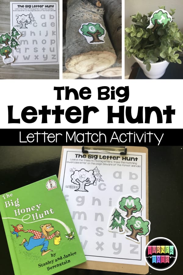 The Big Letter Hunt | Hunt around the trees for letters and mark them on the recording sheet. This preschool literacy activity goes along with the book The Big Honey Hunt.