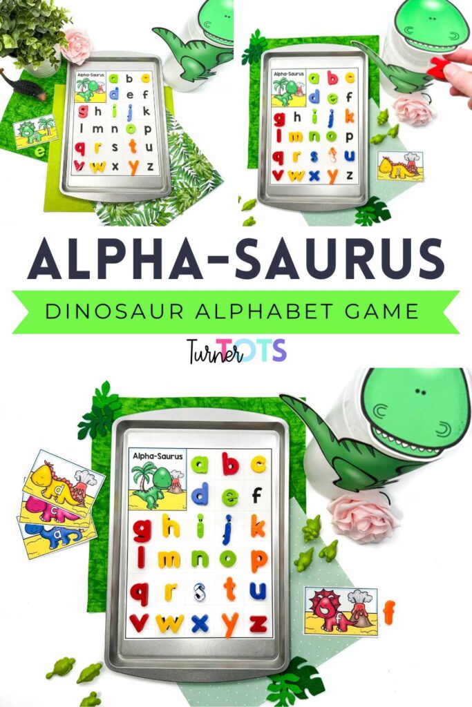 Alpha-Saurus includes a dinosaur container for preschoolers to feed magnetic letters to from a letter mat based on the dinosaur alphabet card drawn.