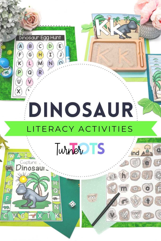 Dinosaur literacy activities for preschoolers include a dinosaur egg hunt for initial sounds, dinosaur letter cards for letter formation with a dinosaur alphabet a-z, a dinosaur alphabet game, and an alphabet fossil sensory bin.