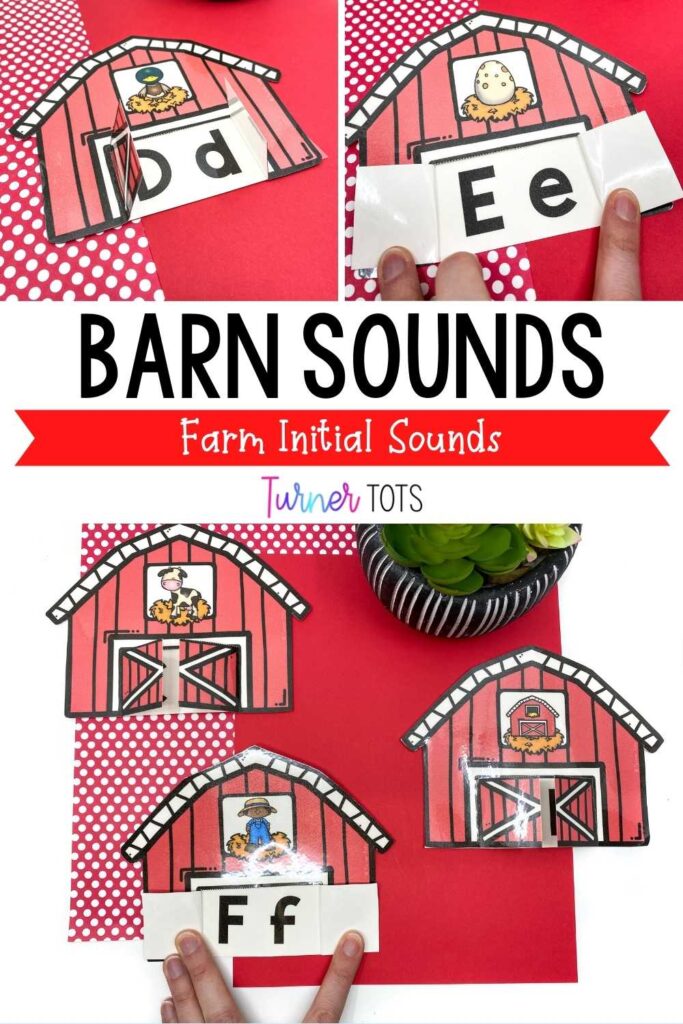 This literacy activity includes barn cards with farm-themed pictures in the loft for preschoolers to identify. Then, they open the barn door to reveal the letter with these self-checking beginning sound cards for a farm preschool theme.