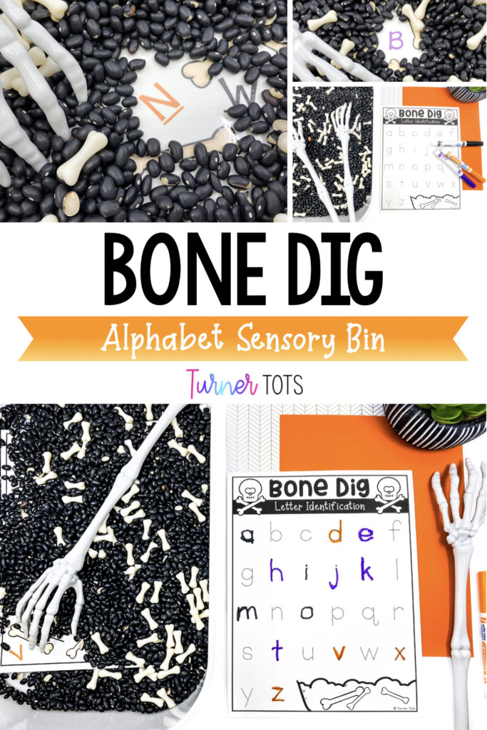 Bone Dig Alphabet Sensory Bin includes dried black beans and bones in a sensory bin with skeleton tongs for preschoolers to scoop aside revealing the letters underneath. There is a recording sheet to work on letter formation with this Halloween literacy activity.