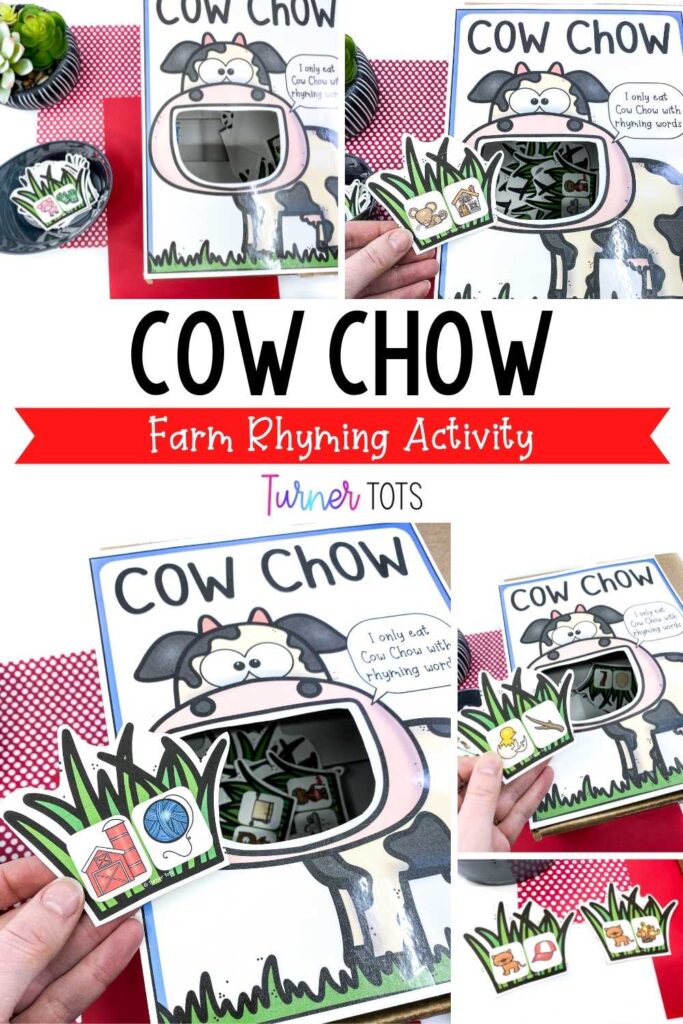 This rhyming activity includes a cow printout with its mouth open and taped onto a cardboard box. Preschoolers or pre-k students look at the two pictures on the grass cards to determine if they rhyme. Feed the rhyming pairs to the cow as one of your farm literacy activities.