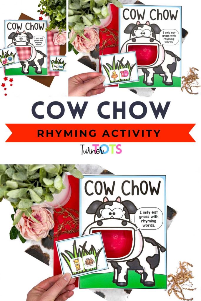 This rhyming activity includes a cow printout with its mouth open and taped onto a cardboard box. Preschoolers or pre-k students look at the two pictures on the grass cards to determine if they rhyme. Feed the rhyming pairs to the cow as one of your farm literacy activities.