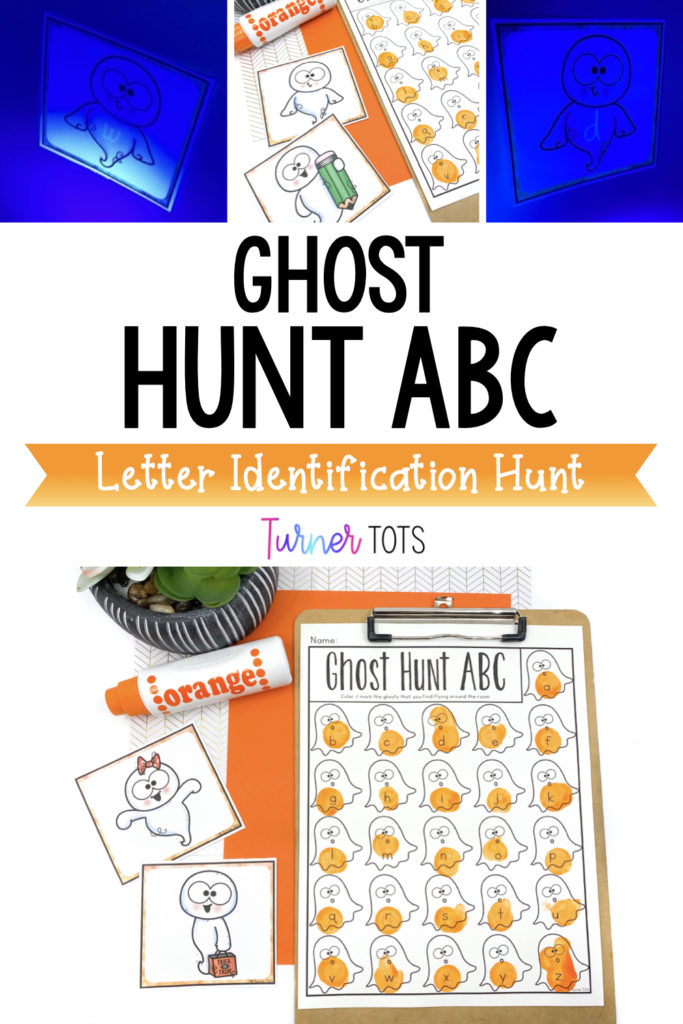 Ghost Hunt ABC includes ghost cards with letters written in blacklight ink that preschoolers find with a flashlight. Then, use a dauber to mark the letters found on the recording sheet for this Halloween letter activity.