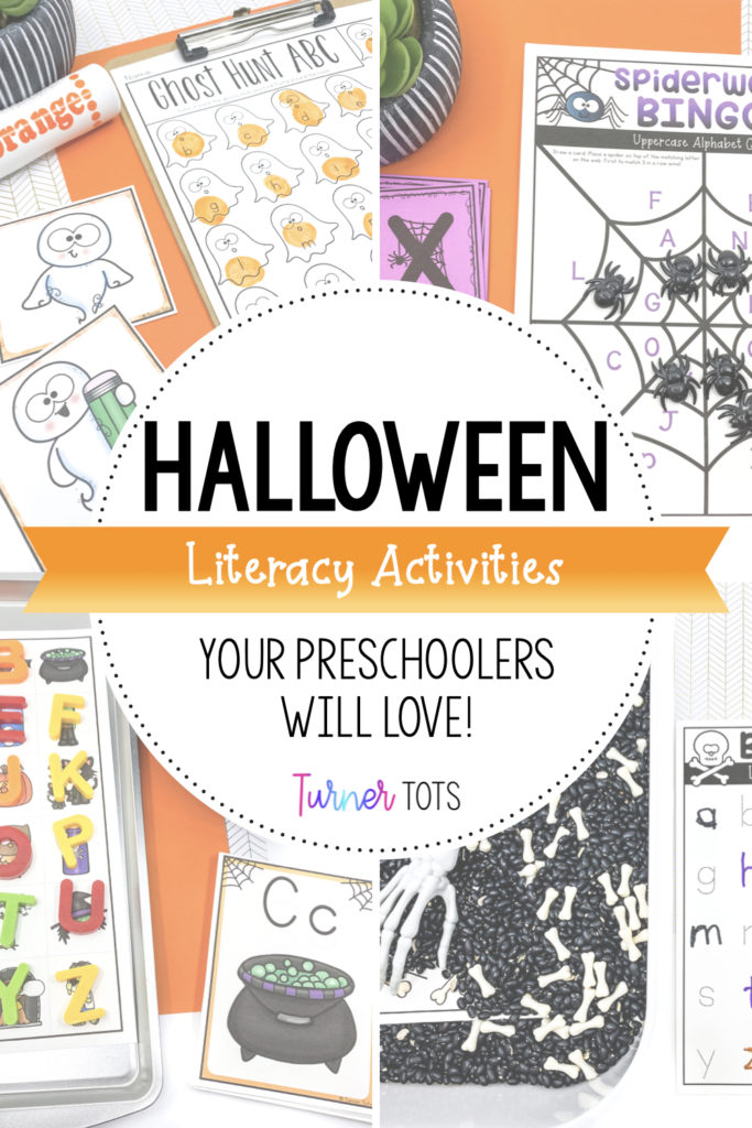 Halloween literacy activities for preschoolers with background images of Spiderweb BINGO, a bone and black bean sensory bin, Halloween initial sounds board, and lettered ghosts.