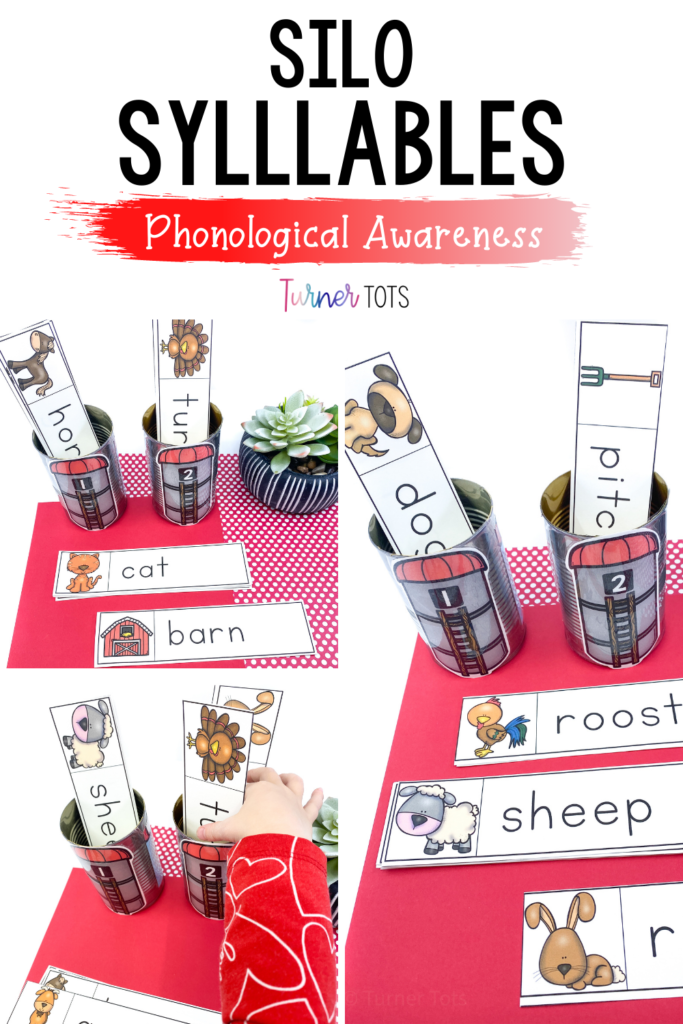 This literacy activity includes numbered silos taped onto tin cans for preschoolers to sort the farm-themed vocabulary word cards into based on the number of syllables.