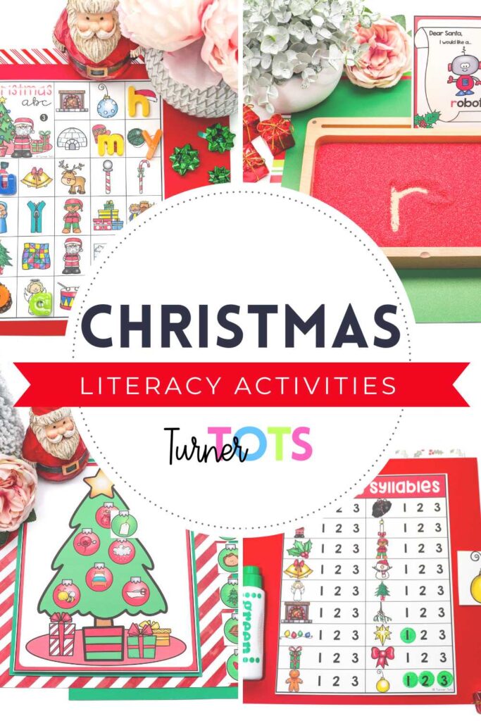 Christmas literacy activities include a Christmas beginning sound match, a Santa letter writing tray, rhyming ornaments, and stocking syllables activities.