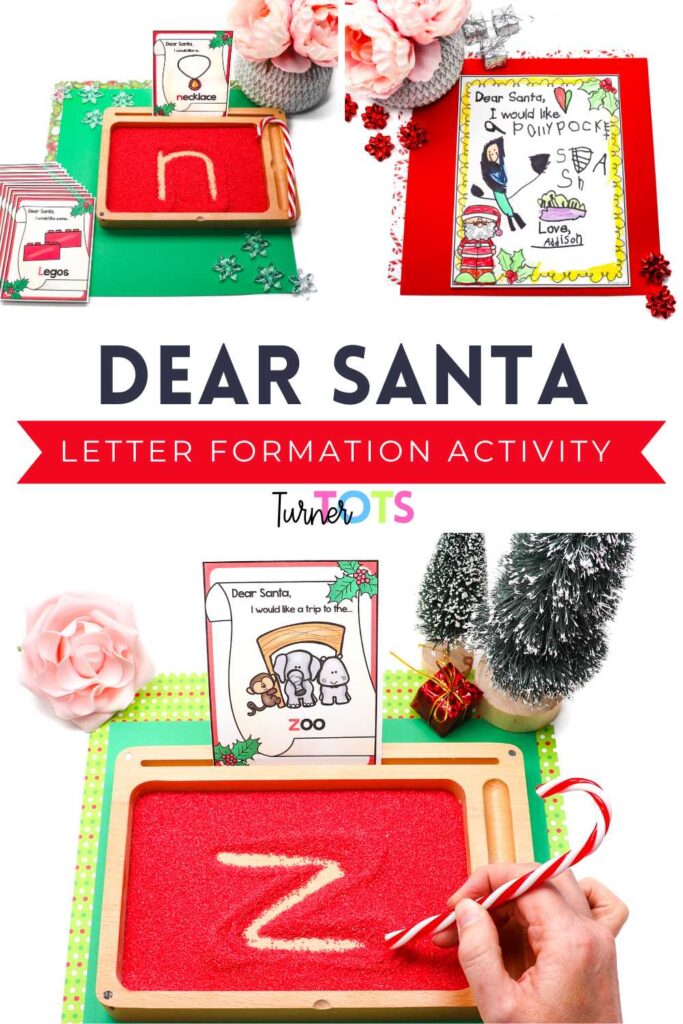 Christmas letter formation activity with letters to Santa and a red salt tray.