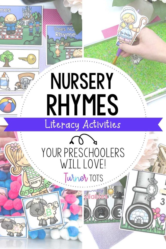 Nursery rhymes literacy activities for preschoolers with images of a Bo Peep alphabet activity, Itsy Bitsy Spider counting syllables activity, Mary Had a Little Lamb letters with magnetic wands, and Humpty Dumpty rhyming pairs.