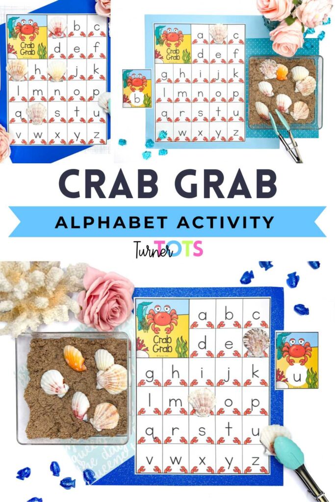 Crab alphabet mats and cards for preschoolers to cover letters with tongs (pincers) and shells, as part of our ocean literacy activities.