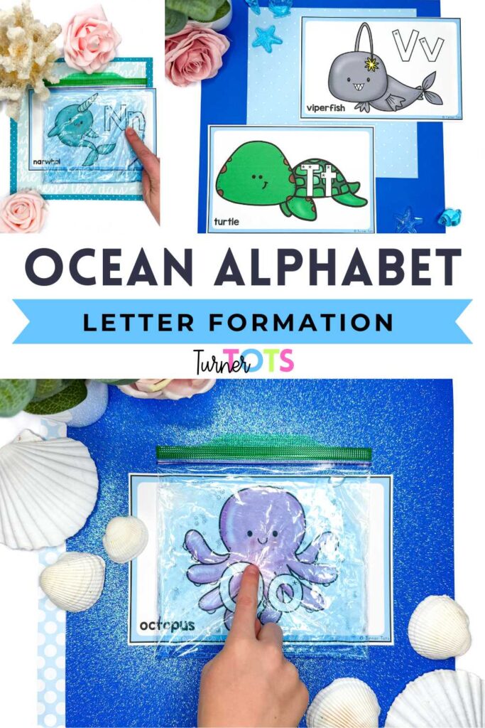 Ocean alphabet cards with letters to trace through a sensory bag filled with blue gel and an ocean animal beginning with that sound.