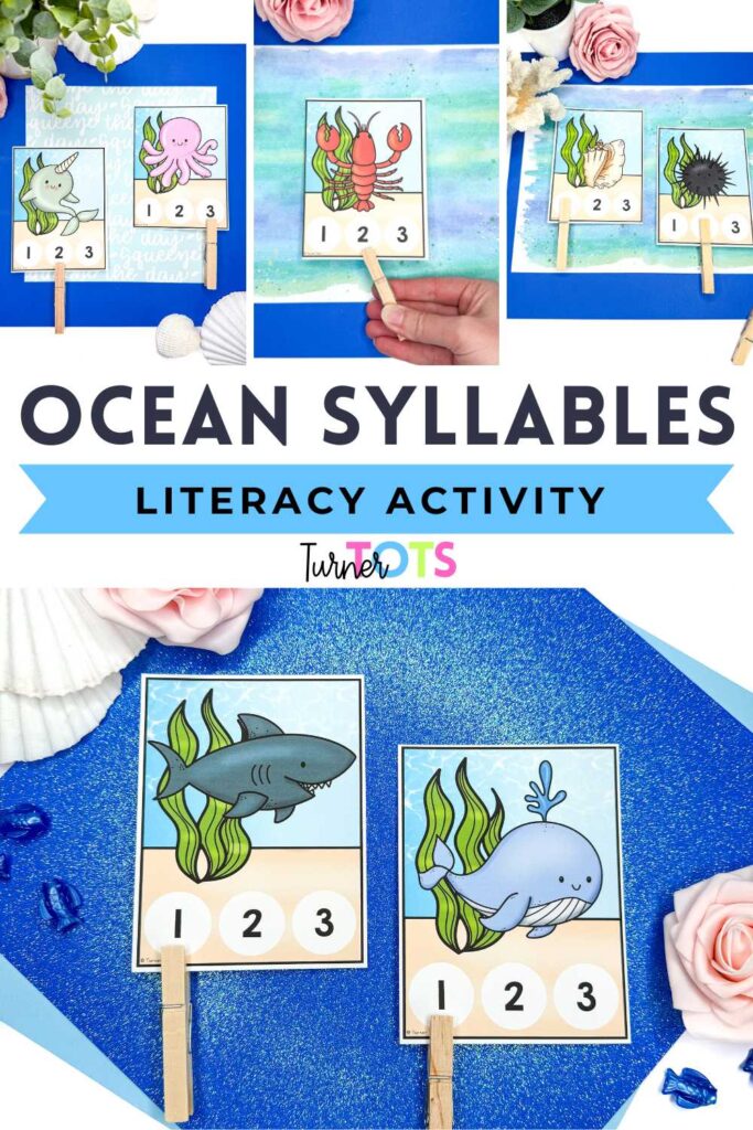 Ocean animal syllable counting cards marked with clothespins as one of our ocean literacy activities.