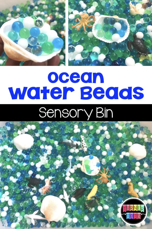 Ocean Water Beads Sensory Bin filled with ocean creatures and shells as scoops for this ocean-themed preschool activity. 