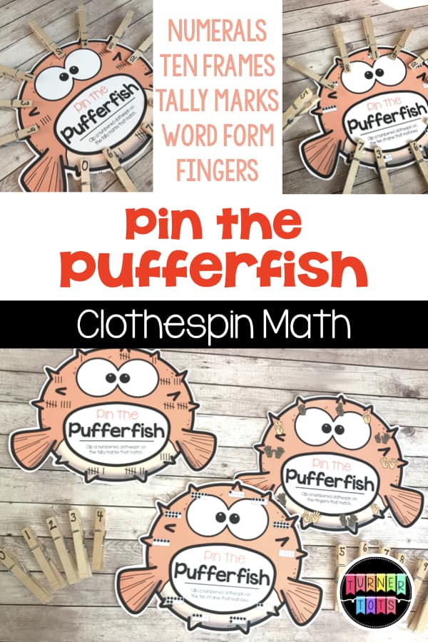 Pin the Pufferfish Fine Motor Math Activity | Clip the numbered clothespins onto the matching numeral, tally mark, ten frame, fingers, or word! Great math center for an ocean preschool theme!