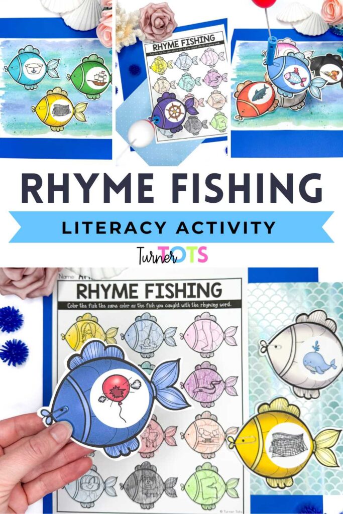 Preschoolers go fishing with magnetic poles for fish with rhyming words. Then, they color the recording sheet to show the rhyming word the same color as the fish.