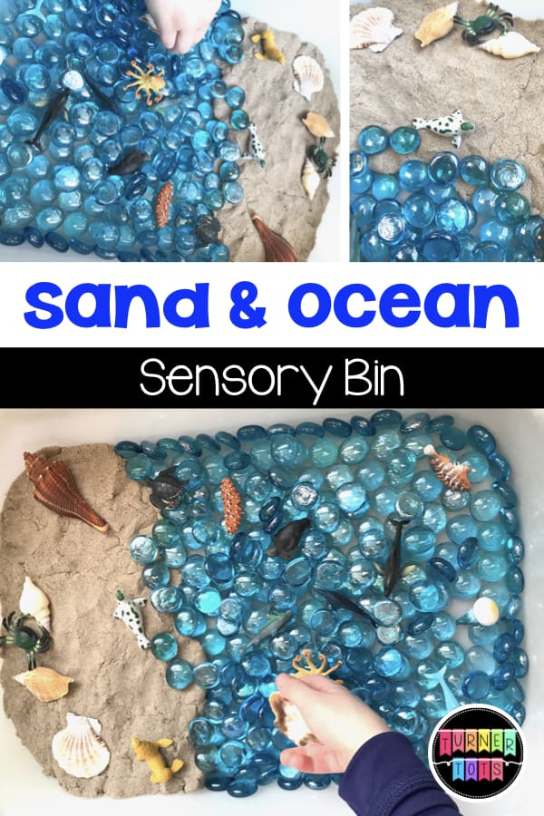 Sand and Ocean Sensory Bin for an ocean preschool theme filled with blue gems, Kinetic Sand, and ocean animals for a hands-on preschool sensory experience.