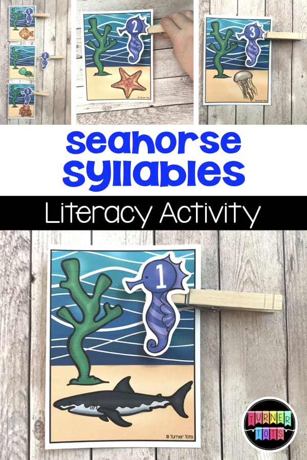 Seahorse Syllables | Clip a numbered seahorse onto the ocean cards after counting the syllables. Perfect literacy activity for an ocean preschool theme!