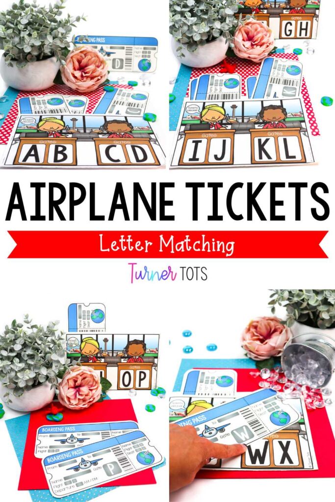 Lettered airport gates with alphabet airplane tickets for preschoolers to match as one of their transportation literacy activities.