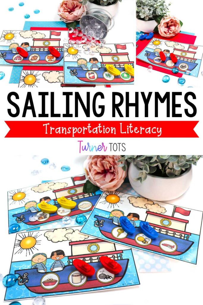 Sailboats with three pictures in which preschoolers have to find the rhyming pairs as one of our transportation activities for preschool.