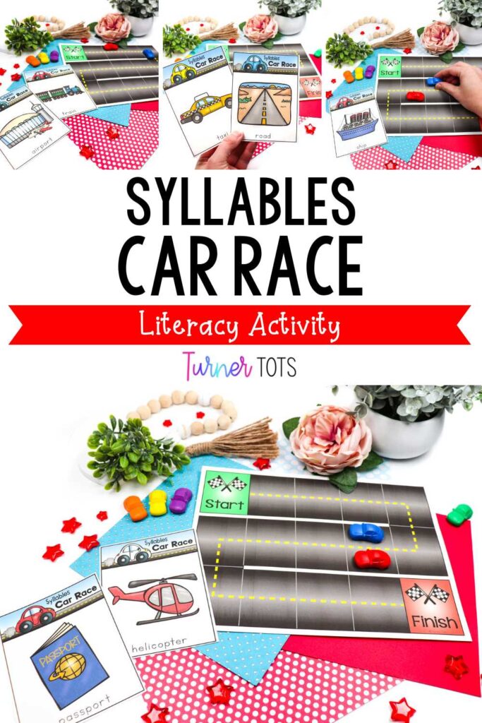 A printed road for toy cars to race down when preschoolers count the syllables in the transportation-themed words and move their car along the road as one of our transport activities for preschool.
