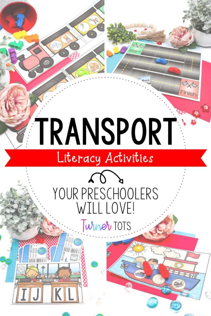 Transportation literacy activities include a train initial sound match, counting syllables car race game, matching airplane tickets to gates, and rhyming words on sailboats.