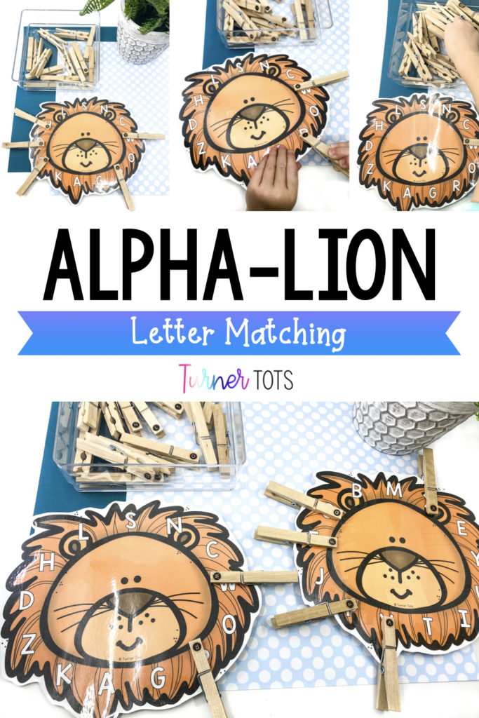 This alpha-lion letter matching activity includes lion heads with a scrambled alphabet in their manes and small lettered clothespins for preschoolers to clip the matching letter around the lion’s mane to work on letter formation during a zoo theme.