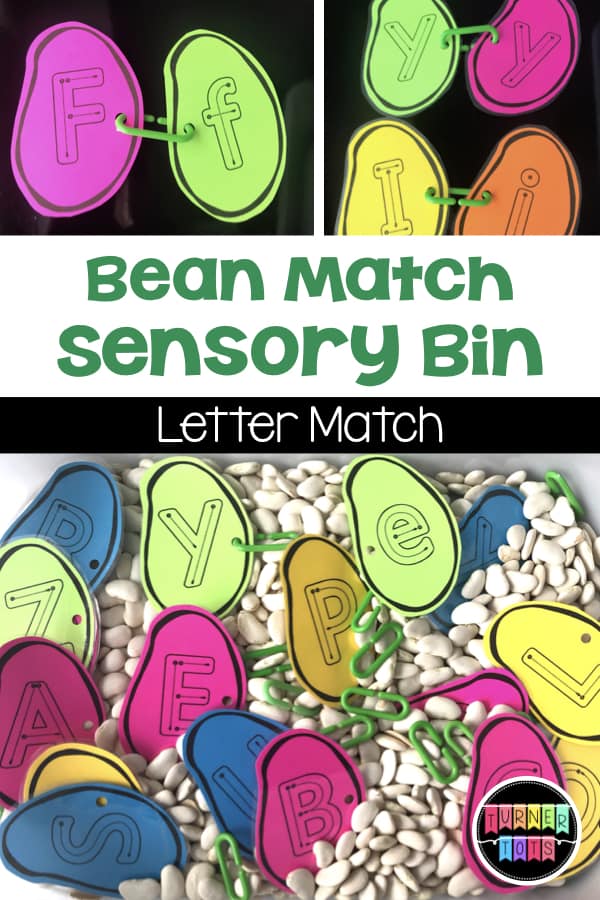 Bean Match Sensory Bin | Match uppercase to lowercase letters for a Jack and the Beanstalk or Easter preschool theme.