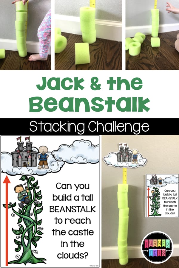 Beanstalk Stacking Challenge with green pool noodles for Jack and the Beanstalk building center.