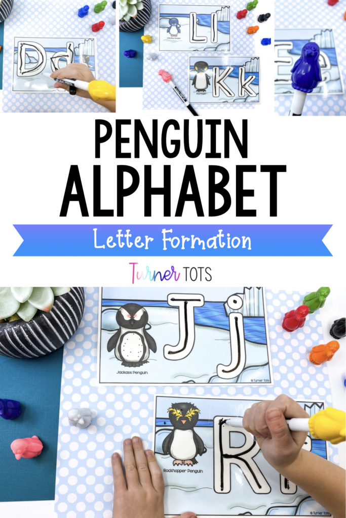 This penguin alphabet letter formation activity includes penguin alphabet cards, small expo markers, and colorful penguin toppers. Preschoolers practice letter formation by drawing the letter inside the lines.