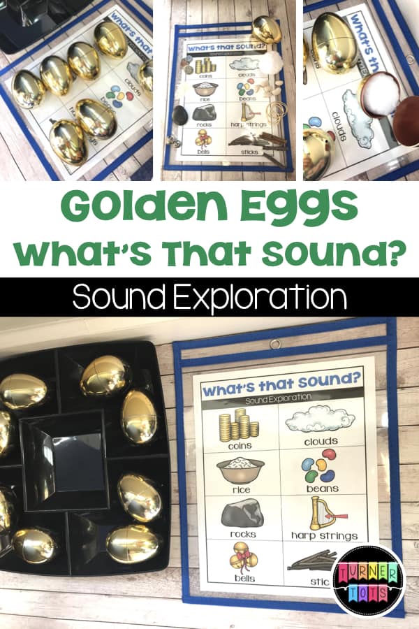 What's that sound with golden egg shakers for a Jack and the Beanstalk preschool science exploration.