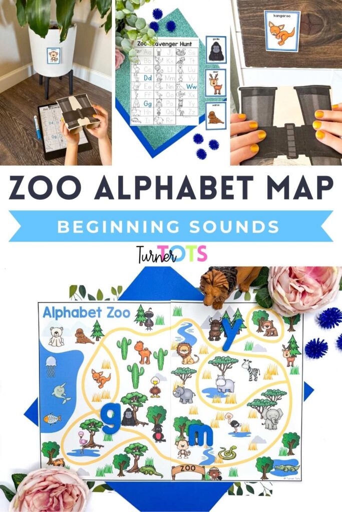 Alphabet zoo map activity includes a map of different animals you would see at the zoo and magnetic letters for preschoolers to practice initial sounds and letter matching.