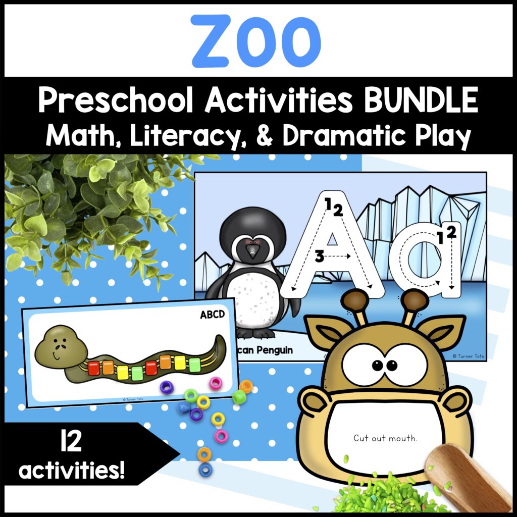 Zoo Preschool Activities include hands-on centers for literacy, math, zoo dramatic play, and science.