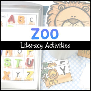 Zoo literacy activities with a background picture of an alphabet board.