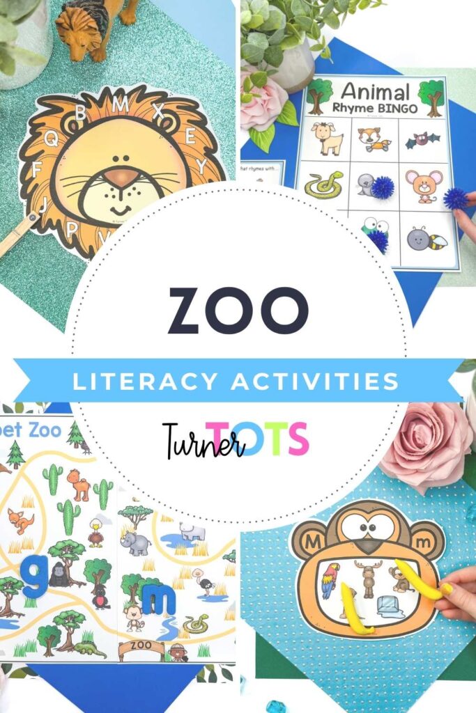 Zoo literacy activities include a lion alphabet clothespin activity, an animal rhyming bingo game, a zoo alphabet map, and a feed the monkey activity to practice beginning sounds.