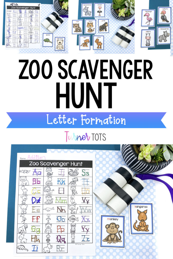 Zoo scavenger hunt letter hunt & letter formation activity includes a zoo-themed letter writing practice page and animal cards. Preschoolers use the animal cards to identify initial sounds and practice letter formation on the zoo scavenger hunt writing page.