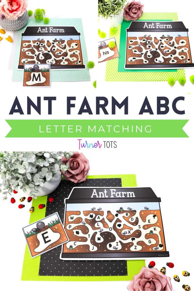 Ant farm letter matching activity has letters or sight words printed in underground ant tunnels for preschoolers to pretend to get to using black beans as ants.