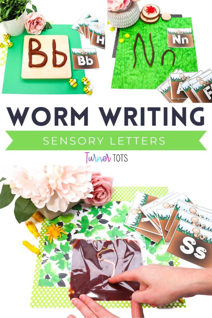 Worm Alphabet Cards can be used for letter formation, making letter worms out of play dough, making letters out of worms, or writing letters in a brown sensory bag filled with paint.