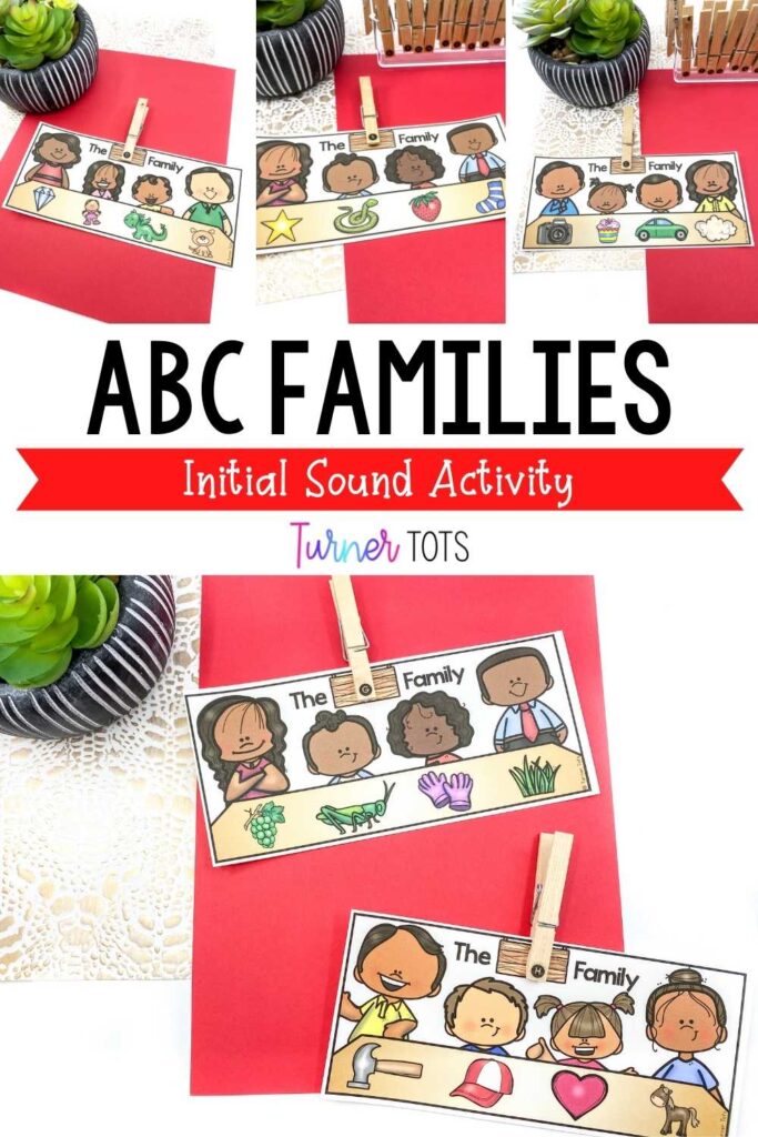 Family cards with pictures of objects that all start with the same letter for preschoolers to work on identifying the initial sound as one of our all about me activities for preschoolers.