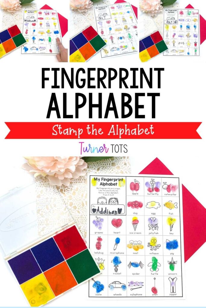 Objects for every letter of the alphabet for toddlers to stamp with their fingerprints, working on fine motor skills and initial sound identification.
