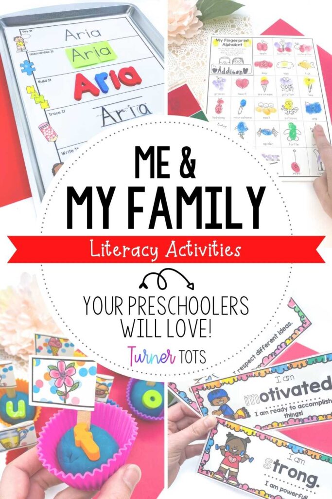 All about me and my family literacy activities, including a name practice board, a fingerprint alphabet activity, a cupcake initial sound activity, and character traits A-Z to practice letter formation.