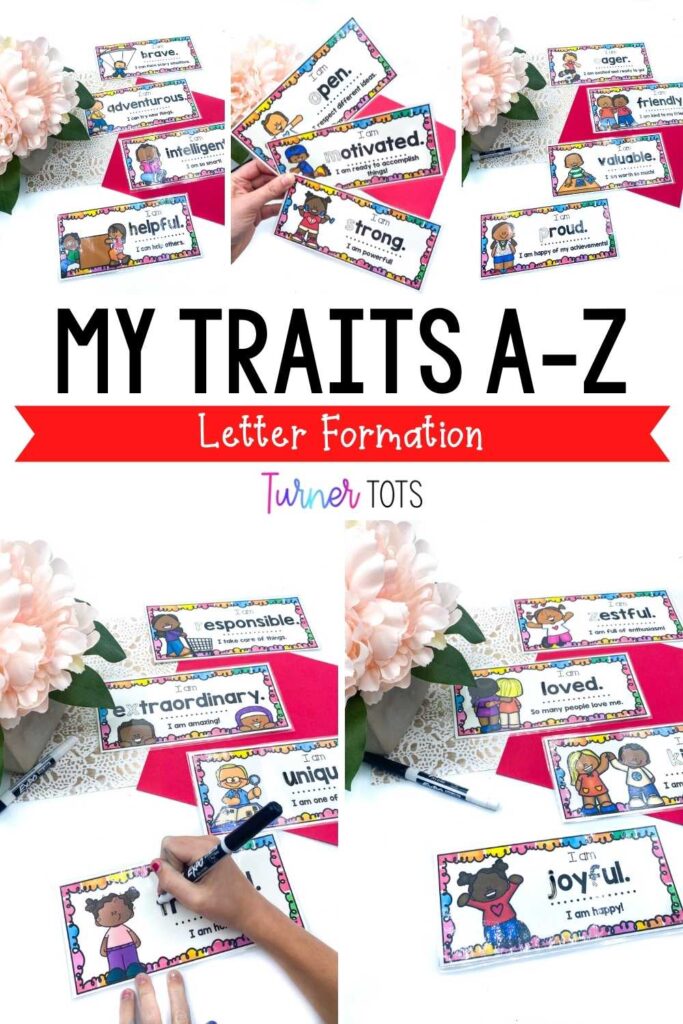 Character trait cards from A-Z for preschoolers to work on letter formation and building self-confidence as one of our all about me activities for preschoolers.