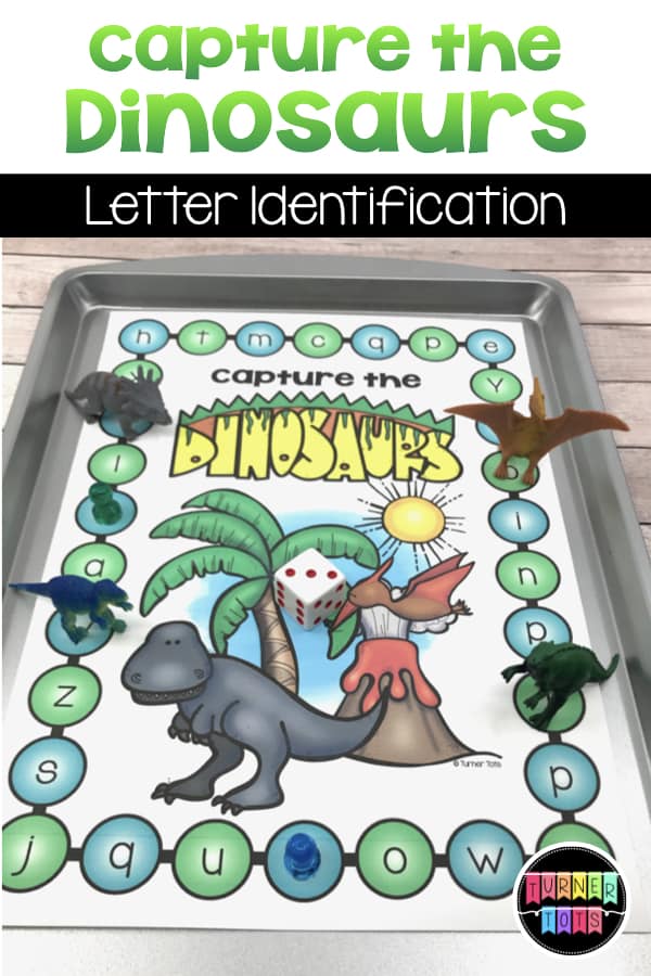 Capture the Dinosaurs letter identification game | Race around the game board and try to land on the spaces with dinosaurs, all while identifying the letters of the alphabet. Perfect literacy activity for your dinosaur preschool theme. 