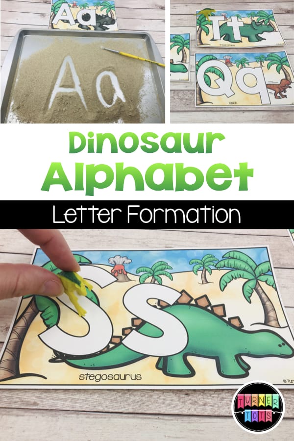 Dinosaur Alphabet cards to practice letter formation with this literacy preschool activity. Each card includes a dinosaur-themed vocabulary word, too!