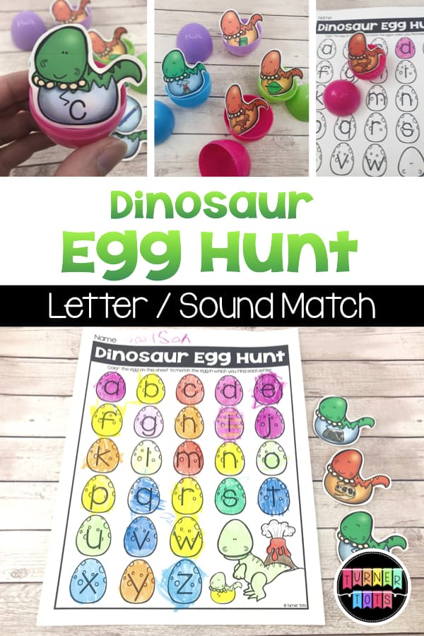 Dinosaur Egg Hunt | Hunt around the room for these baby dinosaurs inside of Easter eggs! Color in the letter to match the letter or initial sound picture hidden inside with this dinosaur literacy activity for preschool or kindergarten.